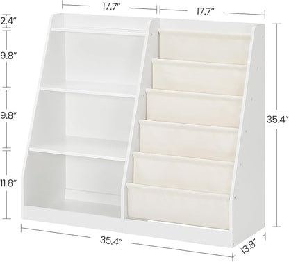 35.4" Kids Bookshelf and Toy Storage, 6 Layer Fabric Toddler Bookshelf, Kids Toy Storage Organizer, Sling Kids Bookcase, for Playroom, Bedroom, Nursery, Classroom, White MCW05WT