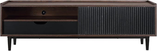 Manhattan Comfort Duane Modern Ribbed 55 Inch TV Stand with 1 Drawer, 2 Shelves, Sliding Door, and Wire Management, Mid-Century Style Entertainment Center and Media Console for Living Room, Black