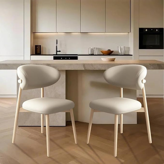 Upholstered Dining Chairs Set of 2,Mid Century Modern Kitchen Chairs with Back and Wood Frame,Faux Leather Dinner Chairs (Light Khaki + Original Wood Legs, Set of 2)