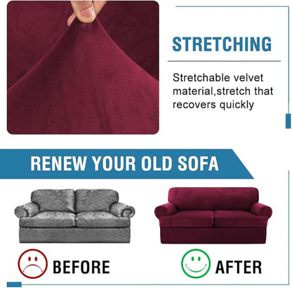 H.VERSAILTEX Sofa Cover 3 Piece T Cushion Loveseat Slipcovers Thick Velvet Couch Cover Furniture Protector Stretch T Cushion Sofa Covers for 2 Cushion Couch with 2 T Cushion Covers Washable, Burgundy