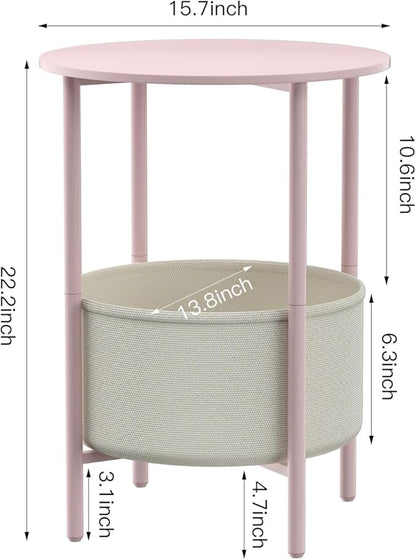 Round End Table with Fabric Basket, Bedside Table with Storage, Morden Round Nightstand, Samll Side Table for Living Room，Bathroom，Bedroom, Nursery, Laundry, Pink