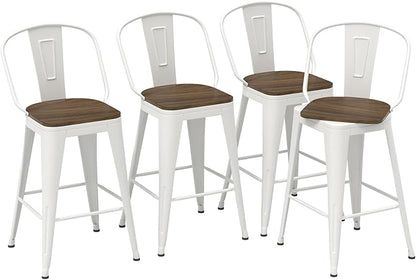 24” Swivel Bar Stools Set of 4, Counter Height Bar Stools Wooden Seat, Metal Industrial Bar Chairs with High Back for Kitchen Island (White)