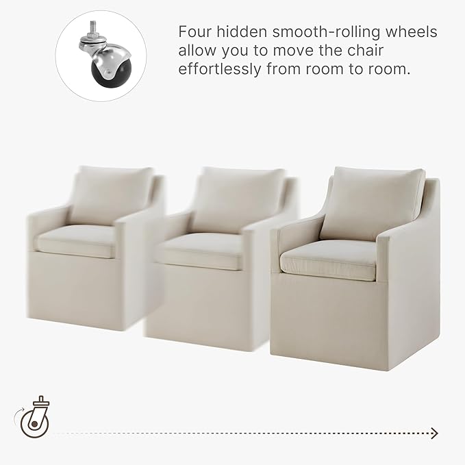 Upholstered Dining Chairs with Casters Washable Cover Side Deskchair with Rollers for Diningroom, Living Room, Flax Beige, 1 Box