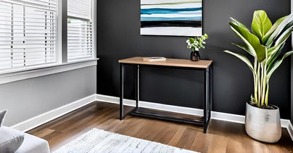 AC Pacific Bali Coastal Modern Narrow Console Table for Entryway, Hallway Decor, and Small Spaces, Compact Living Room Furniture with Natural Wood Top and Black Metal Legs, 39" Long