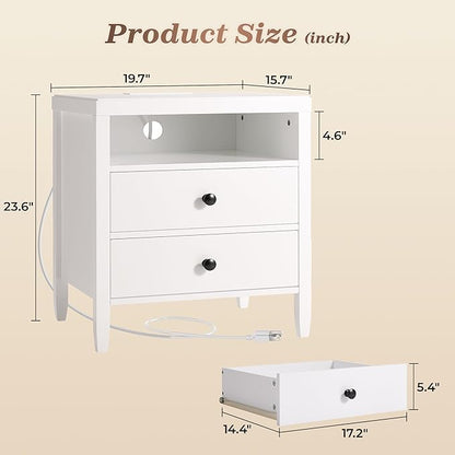 Huuger Nightstand with Charging Station, White Nightstand with 2 Drawers, Bed Side Table for Bedroom, Bedside Table with Storage, Modern Nightstands, Metal Knobs, Painted Surface
