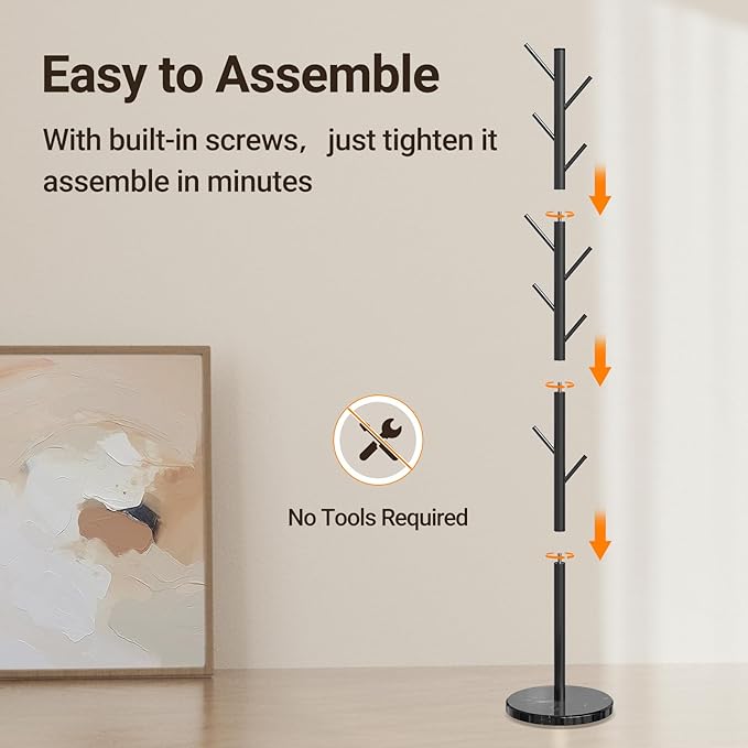 ELYKEN Coat Rack Freestanding with Natural Marble Base, Metal Coat Rack Stand with 10 Hooks, 3 Adjustable Size Coat Tree for Bags, Clothes, and Hats for Entryway, Bedroom, Hallway, Office, Black