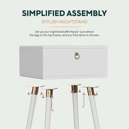 Bme Alden Wood Nightstand, Solid Wood End Table, Mid Century Modern Nightstand, Side Table with 1 Drawer, Compact for Bedroom, Living Room & Study Room, Easy Assembly, Ivory White