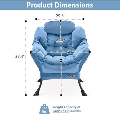 Lazy Chair Thick Padded, Comfy Velvet Accent Lounge Chair with Stable Frame, Leisure Sofa Armchair with Armrests and Side Pocket, Reading Chair for Bedroom, Living Room, Office, Light Blue