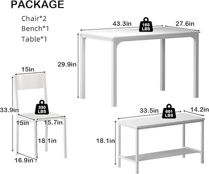 sogesfurniture 4-Piece Bench Style Dining Table Set, 4-Person Space-Saving Dinette for Kitchen，43'' Wood Kitchen Table & Chair Set for Breakfast Nook and Small Space, White