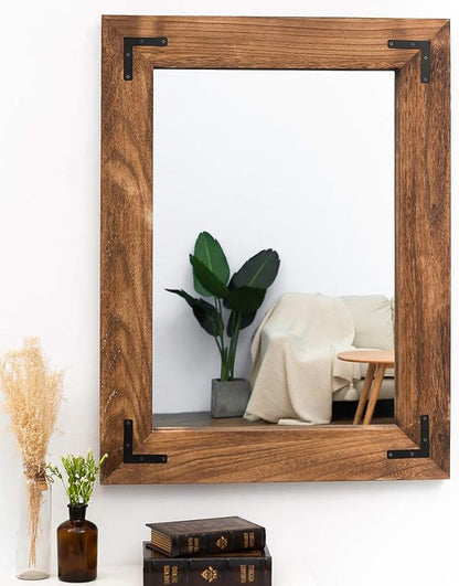 YOSHOOT Rustic Wooden Framed Wall Mirror, Natural Wood Bathroom Vanity Mirror for Farmhouse Decor, Vertical or Horizontal Hanging (26" x 18", Brown)