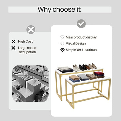 Gold 2-Piece Set Retail Display Tables Modern Nesting Tables - Metal Display Riser Shelf for Shoes, Handbags, Home, Clothing Shops & Retail Stores - 110lbs Load Capacity
