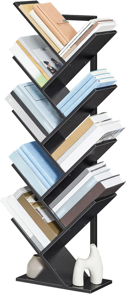 HOOBRO Tree Bookshelf, 9-Tier Bookcase Wooden Shelves, Floor Standing Storage Rack, for Display of CDs, Books in Living Room, Home Office, Wood Storage Rack for Bedroom, Black BB08SJ01G1