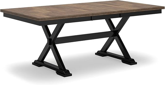 Signature Design by Ashley Wildenauer Farmhouse Dining Extension Table with Self-Storing Butterfly Leaf for 6-8 People, Black & Dark Brown