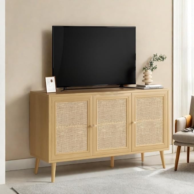 Rattan Entryway Table, Entertainment Center with Adjustable Shelf, Sideboard Buffet Cabinet with 3 Rattan Doors, Modern Console Cabinet with Large Storage for Living Room, Kitchen, Brown