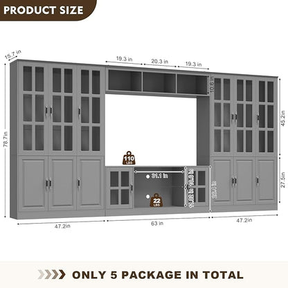4-Piece Wall Unit TV Stand with Storage & LED Lights for TVs up to 75", Modern Entertainment Center with Bookshelves & 6-Door Pantry Cabinet, Gray