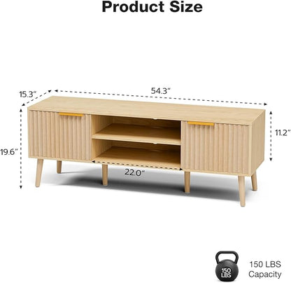 TV Stand for Living Room, Boho Entertainment Center for 55/60/65 inch TVs, Media Console with Fluted Door Cabinets and Open Shelves, for Bedroom, Oak