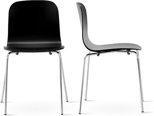 Livinia No.10 Mid-Century Modern Wooden Dining Chairs Set of 2, Contemporary Bentwood Kitchen Interior Armless Chairs with Steel Legs (Black)