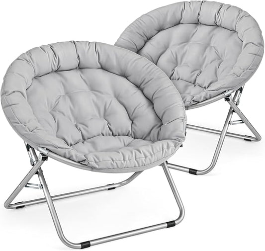 MoNiBloom Round Folding Saucer Chairs Set of 2 for Bedroom Living Room Dorm Foldable Metal Frame Comfy Soft Lounge Lazy Cozy Moon Chairs for Teens (Grey)