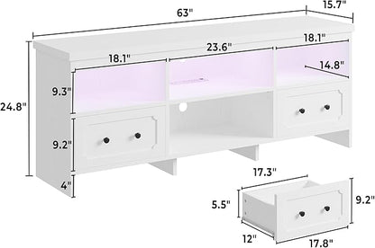 IRONCK TV Stand for 65 Inch TV, 63" LED Entertainment Center with Storage Cabinets, Power Outlets and Open Shelf, Media Console TV Cabinet with Drawers for Living Room, White