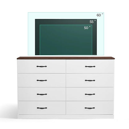 LINSY HOME 8 Drawer Dresser for Bedroom, 54" Wide Chest of Drawers, Modern TV Stand Dressers with Wood Frame and Metal Handles, Large Drawer Organizer for Bedroom, Living Room, White