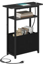 Narrow Side Table with Charging Station, Small End Table for Small Spaces, Skinny Nightstands with Storage Basket, 3 Tier Sofa Couch Bedside Tables for Living Room,Bedroom, Black