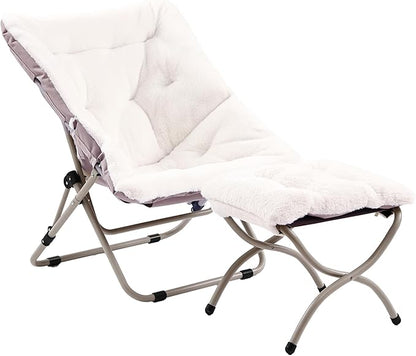 Comfy Folded Chair with Ottoman, Oversized Folding Faux Fur Chair Soft Furry Lounge Lazy Chair with Metal Frame Moon Chair Accent Chair for Bedroom, Living Room, Dorm Rooms