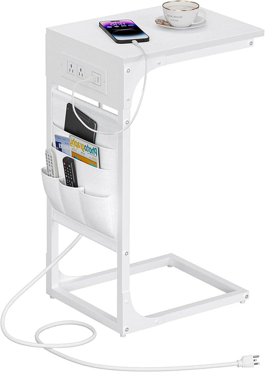 TUTOTAK C Shaped End Table with Charging Station, Side Table for Sofa, Couch Table with Storage Bag, TV Tray Table with 2 USB Ports and Outlets for Living Room, Bedroom, White TB01BW024