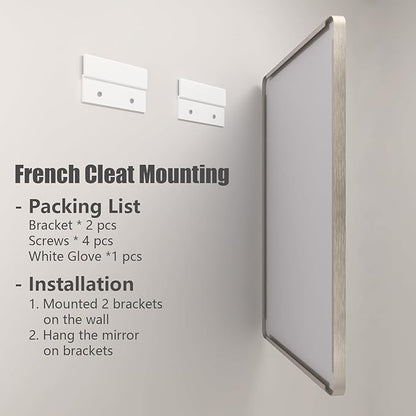 60x36 Silver Bathroom Mirrors for Vanity, Brushed Metal Silver Framed Bathroom Mirror for Wall, Modern Rectangle Mirror, Rounded Corners, Shatterproof (Horizontal/Vertical)