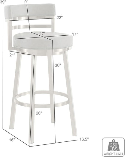 Armen Living Madrid 30" Seat Height Swivel Modern White Faux Leather and Gold Brushed Stainless Steel Bar Stool for Kitchen Island Counter