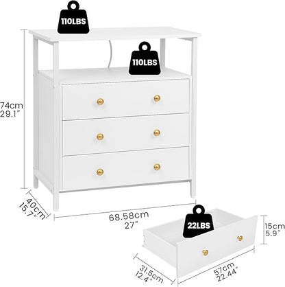 3 Wooden Drawers Night Stand, 27 Inch Wide Nightstand with Charging Station and Adjustable Drawers, Bedside Table for Living Room/Bedroom/Office, White.