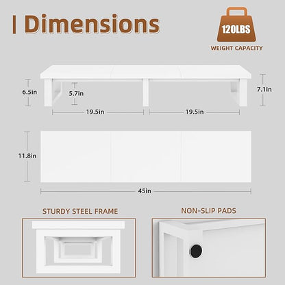 45" Large TV Riser for 32-60 inch TV, TV Riser Stand Shelf with Steel Legs, Tabletop TV Stand Riser for Home Office,White