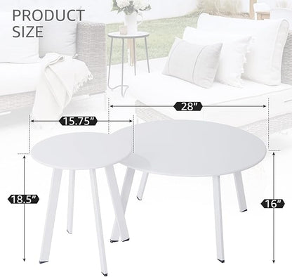 Patio Coffee Table Set of 2, Outdoor Weather Resistant End Table, Round Nesting Tables for Living Room Balcony Office, White