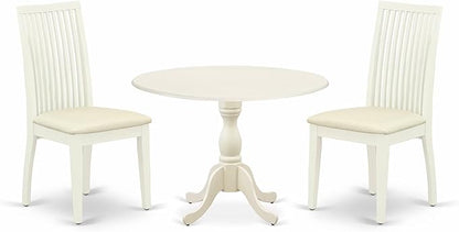 East West Furniture DMIP3-LWH-C 3 Piece Dining Room Furniture Set Contains a Round Kitchen Table with Dropleaf and 2 Linen Fabric Upholstered Dining Chairs, 42x42 Inch, Linen White