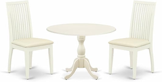 East West Furniture DMIP3-LWH-C 3 Piece Dining Room Furniture Set Contains a Round Kitchen Table with Dropleaf and 2 Linen Fabric Upholstered Dining Chairs, 42x42 Inch, Linen White