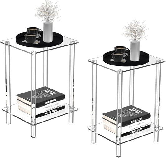 Eglaf Acrylic Side Table Set of 2-13.4'' L x 11.5'' W x 19.6'' H Small End Table Clear Nightstand Bedside Table for Living Room, Bedroom, 2-Tier, Square Leg