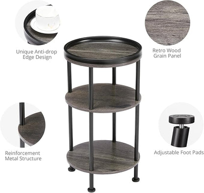Small Round Side Table for Small Spaces, 3-Tier Round Accent Table Slim Side Table, Modern Sofa Corner Table for Living Room Nightstand Bedroom (Grey)