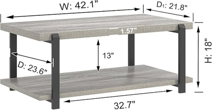 FOLUBAN Rustic Coffee Table, Modern Wood Center Table for Living Room, Industrial 2 Tier Rectangle Low Cocktail Tea Table with Storage Shelf, Light Grey