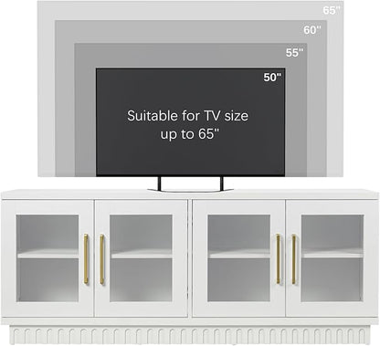 TV Stand for TVs up to 65 Inch, Entertainment Center with Storage Cabinets, Contemporary Modern TV Cabinet Media Console Table with Glass Doors for Living Room Bedroom, Montauk White