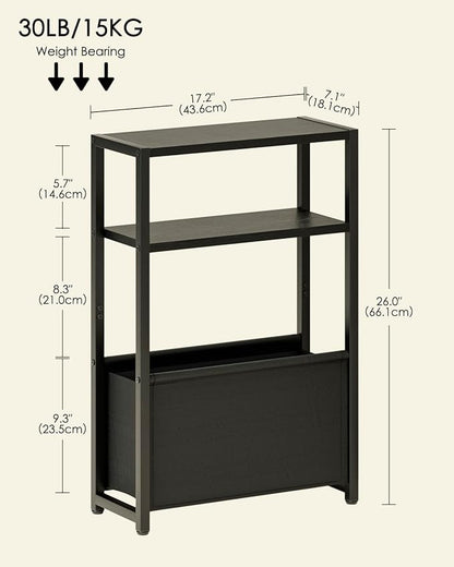 Narrow Side Table End Table, 3-Tier Side Table with Storage Bag, Narrow Nightstand for Small Spaces, Bedside Table for Living Room, Bedroom, Black