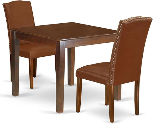 East West Furniture OXEN3-MAH-66 3 Piece Kitchen Table Set for Small Spaces Contains a Square Dining Room Table and 2 Brown Faux Faux Leather Upholstered Chairs, 36x36 Inch, Mahogany