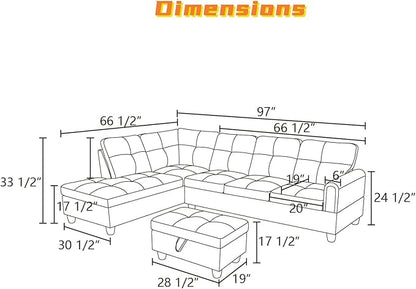 L Shaped Sectional Couch with Otttoman, 97" Leather Sectional Sofa for Living Room Modular Couches with Cup Holders for Bedroom, Apartments, Latte