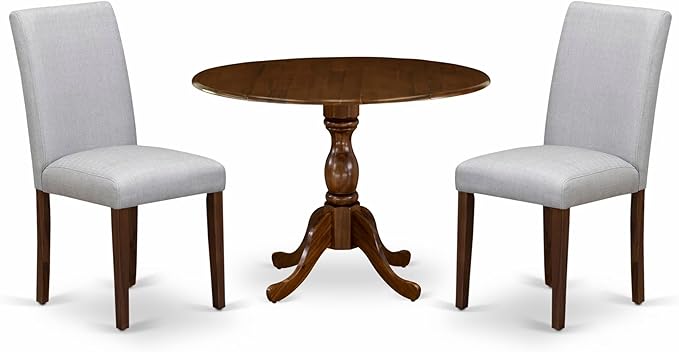 East West Furniture DMAB3-AWA-05 3 Piece Dinette Set for Small Spaces Contains a Round Dining Table with Dropleaf and 2 Grey Linen Fabric Parson Dining Chairs, 42x42 Inch, Walnut