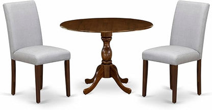 East West Furniture DMAB3-AWA-05 3 Piece Dinette Set for Small Spaces Contains a Round Dining Table with Dropleaf and 2 Grey Linen Fabric Parson Dining Chairs, 42x42 Inch, Walnut