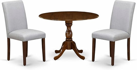 East West Furniture DMAB3-AWA-05 3 Piece Dinette Set for Small Spaces Contains a Round Dining Table with Dropleaf and 2 Grey Linen Fabric Parson Dining Chairs, 42x42 Inch, Walnut
