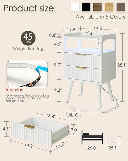 Nightstand with Charging Station and LED Lights,Modern Bedside Table with 2Drawer and Open Shelf,White Night Stand with Solid Wood Legs,End Table for Living Room、Bedroom and Small Spaces