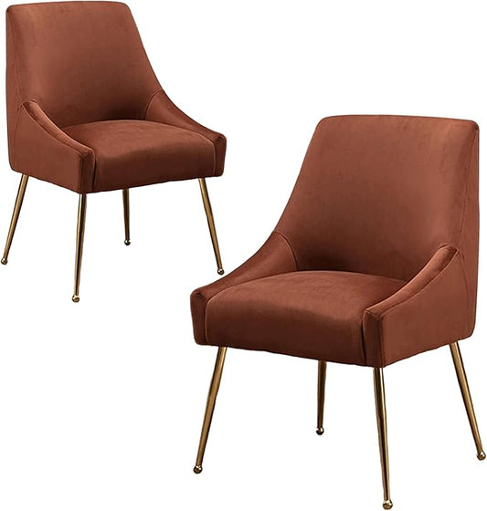 Modern Velvet Dining Chairs Set of 2, Contemporary Upholstered Furniture Collection with Polished Gold Metal Legs, Elegant Accent Chairs for Kitchen Living Room(Brown)