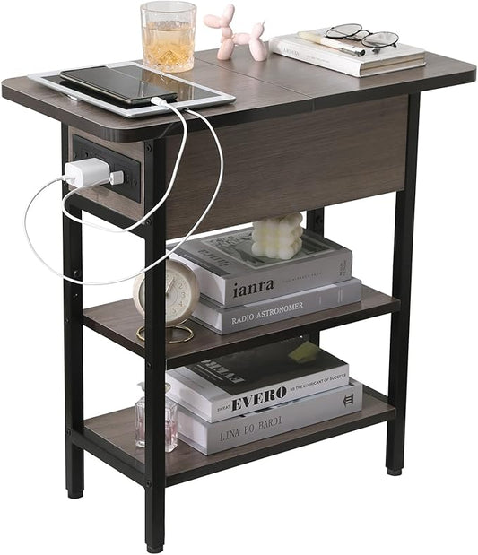 Modern End Table with Charging Station, Narrow Side Table with USB Ports & Outlets, Flip-Top Nightstand with Storage Shelf, Small Bedside Table for Living Room, Bedroom, Small Space, Charcoal Gray