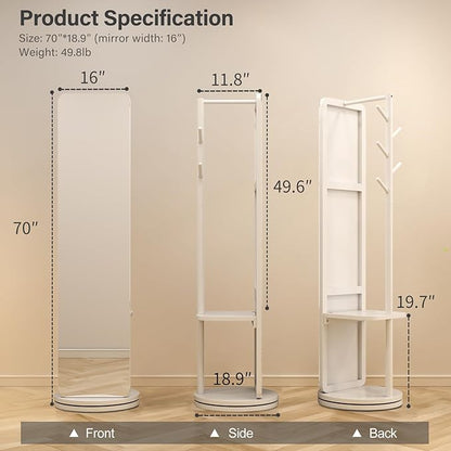 70"x16"Full Length Mirror with Stand,Coat Rack with Mirror,Solid Wood Floor Mirror,Swivel Mirrorfor Bedroom, Living Room, Cloakroom