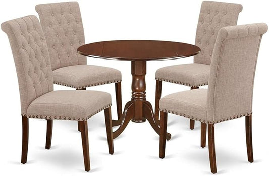 East West Furniture DLBR5-MAH-04 5 Piece Dining Room Furniture Set Includes a Round Dining Table with Dropleaf and 4 Light Tan Linen Fabric Upholstered Chairs, 42x42 Inch, Mahogany