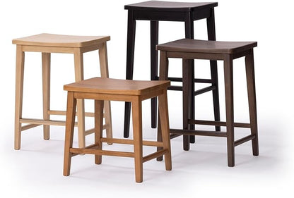 Plank+Beam Smythe Counter Stool, 24", Set of 4, Sturdy Wood Modern Kitchen Counter Height Stool, Saddle Seat Backless Counter Chair, Metal Footrest, Black